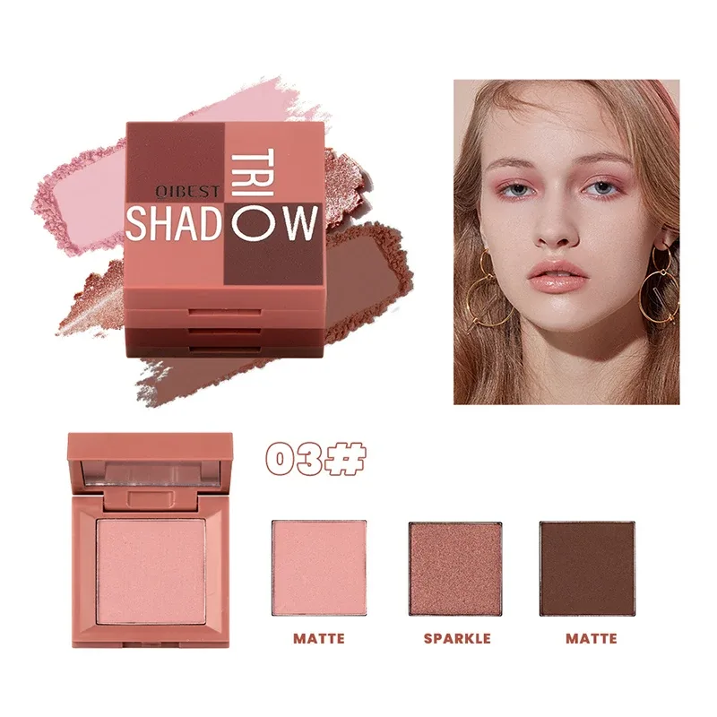 Paleta de sombras três em um, maquiagem portátil, acabamento fosco e brilhante, tom neutro multifuncional, fácil de misturar, 1 peça
