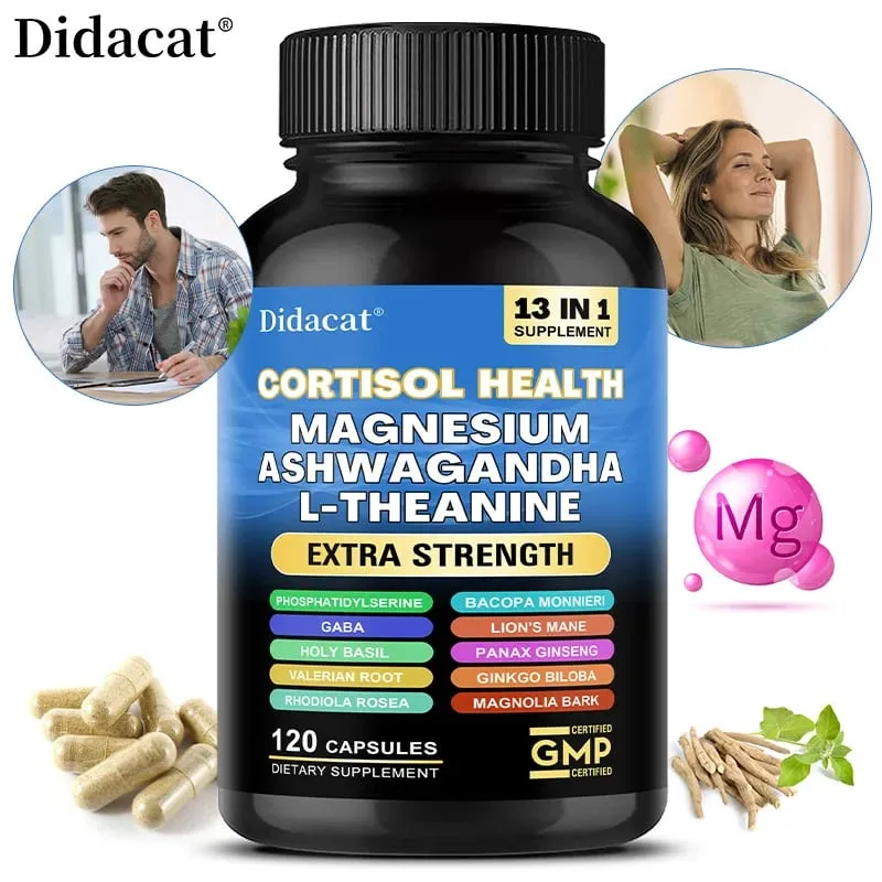 Cápsulas de suporte de cortisol com Ashwagandha e magnésio, suporte para alívio do estresse, humor calmo, saúde adrenal e sono reparador