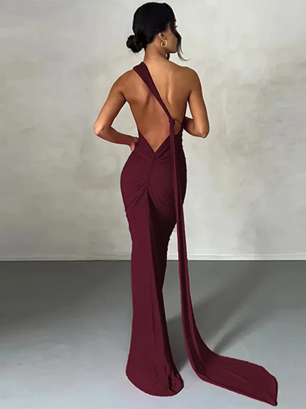 Neon Y2K Clothes One Shoulder Sleeveless Backless Ruched Bodycon Maxi Dresses For Women Club Birthday Party Evening Prom