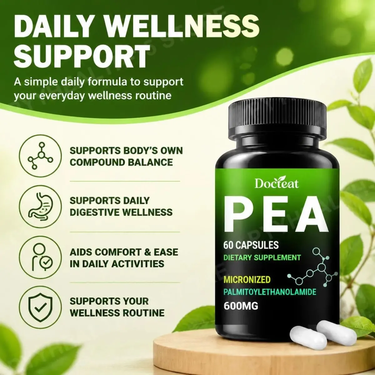 Docteat PEA 600mg Cápsulas Palmitoiletanolamida Micronizada Suporta Equilíbrio Composto Manutenção Conforto e Facilidade 60 Cápsulas