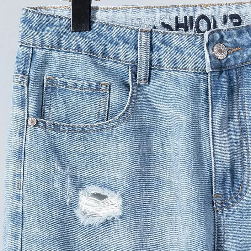 Verão fino rasgado jeans dos homens em linha reta respirável lavado denim calças casuais streetwear harlen tornozelo comprimento calças azul claro