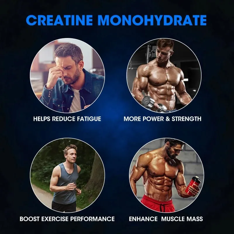 Suplementos de creatina Lukaree monohidratados para crescimento muscular, resistência e suporte energético, aumentam o desempenho atlético do homem musculoso