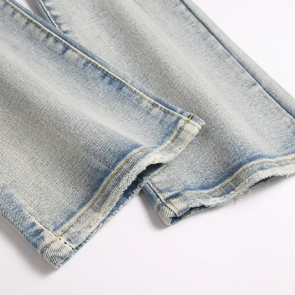 Men's Wing Patch Boot Cut Jeans Rivet Crystal Slim Flared Pants Embroidery Vintage Blue Denim Trousers