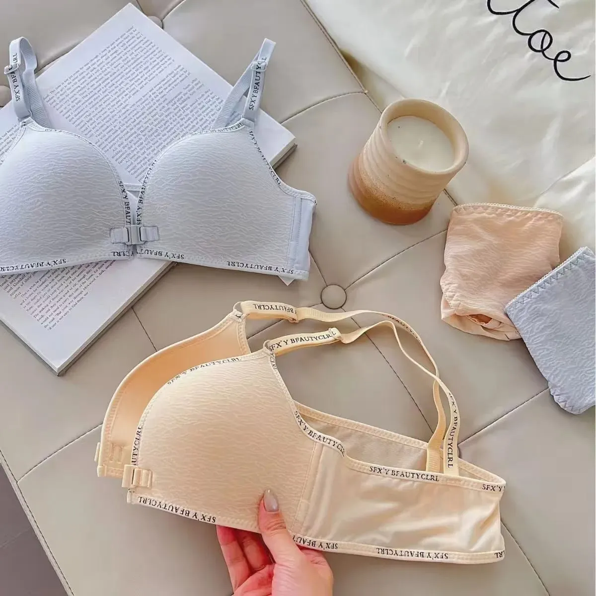 Sexy Front Closure Push-Up Lingerie Set for Small Breasts Comfortable Thin Bra with No Steel Ring Letter Shoulder Straps