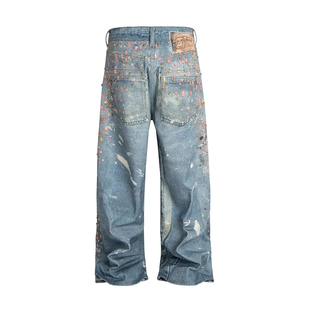 Calça jeans masculina com estampa 3d cheia de diamantes, reta, lavada, desgastada, brilhante, diamon, hip hop, solta, baggy