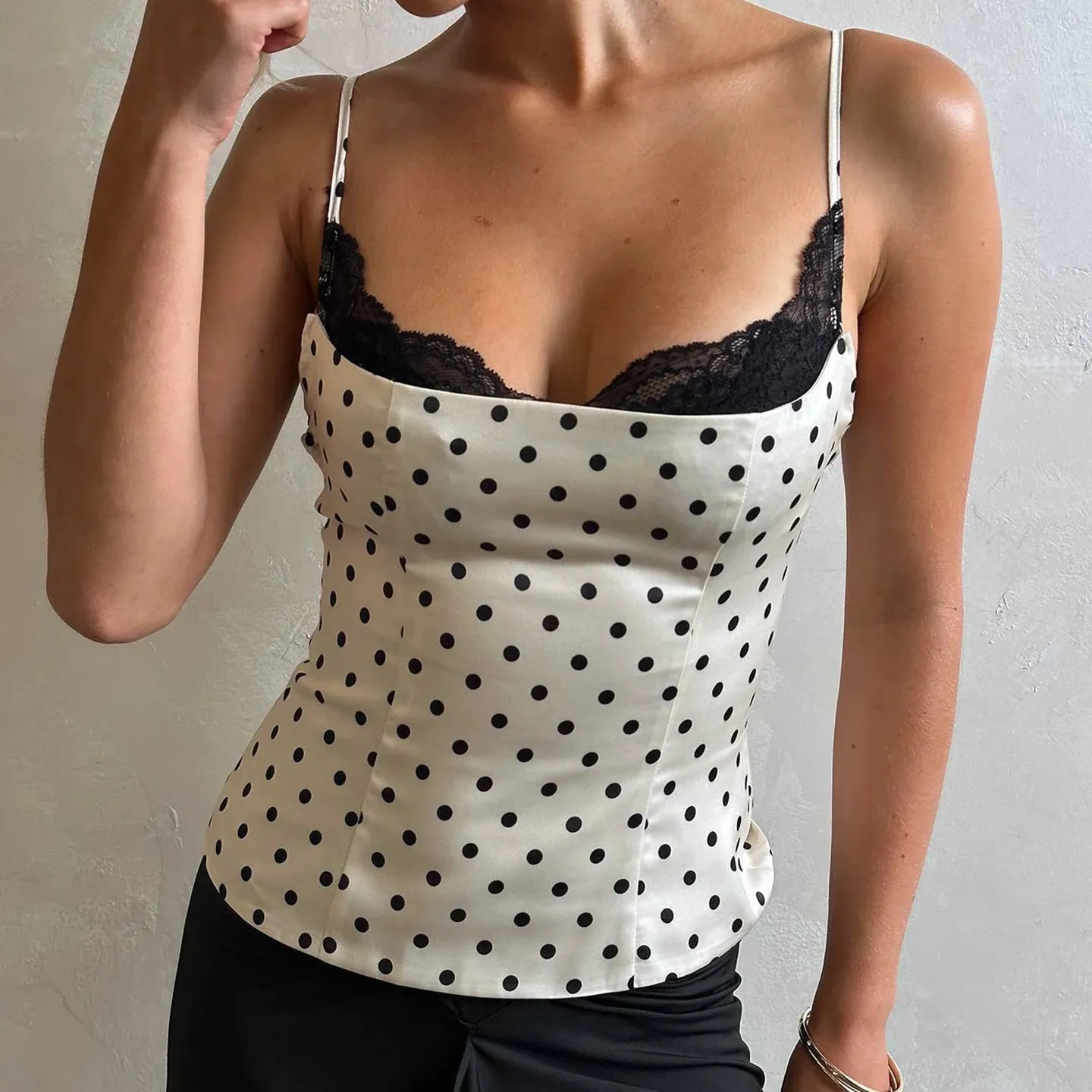 Chique rendas retalhos polka dot camis topos elegante sem mangas regata verão casual uso diário streetwear camisola 2026