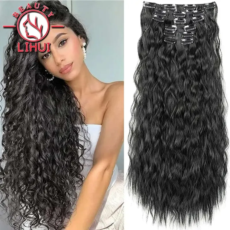 Long Curl Wave Clip In Hair Extensions 6Pcs/Set 16 Clips High Tempreture Synthetic Hairpiece Clip In Hair Extensions 24Inch