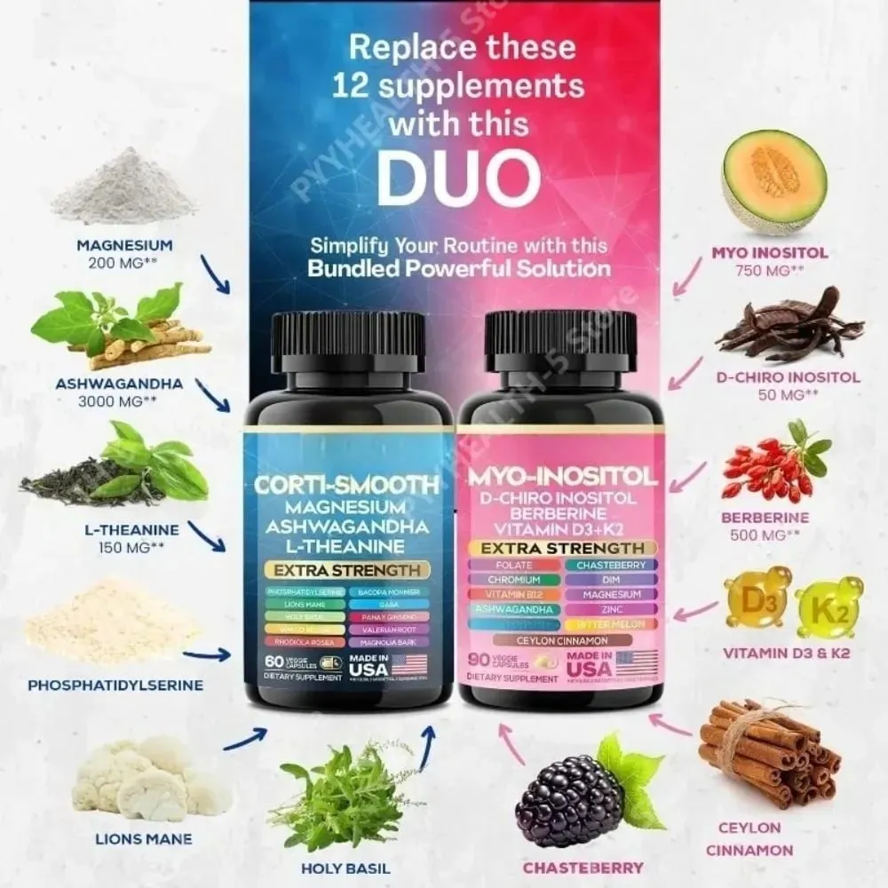 Pacote de suplementos de cortisol e mio-inositol Pacote calmante e suave 13 em 1 Cortisol Balance Magnésio Ashwagandha L-Teanina