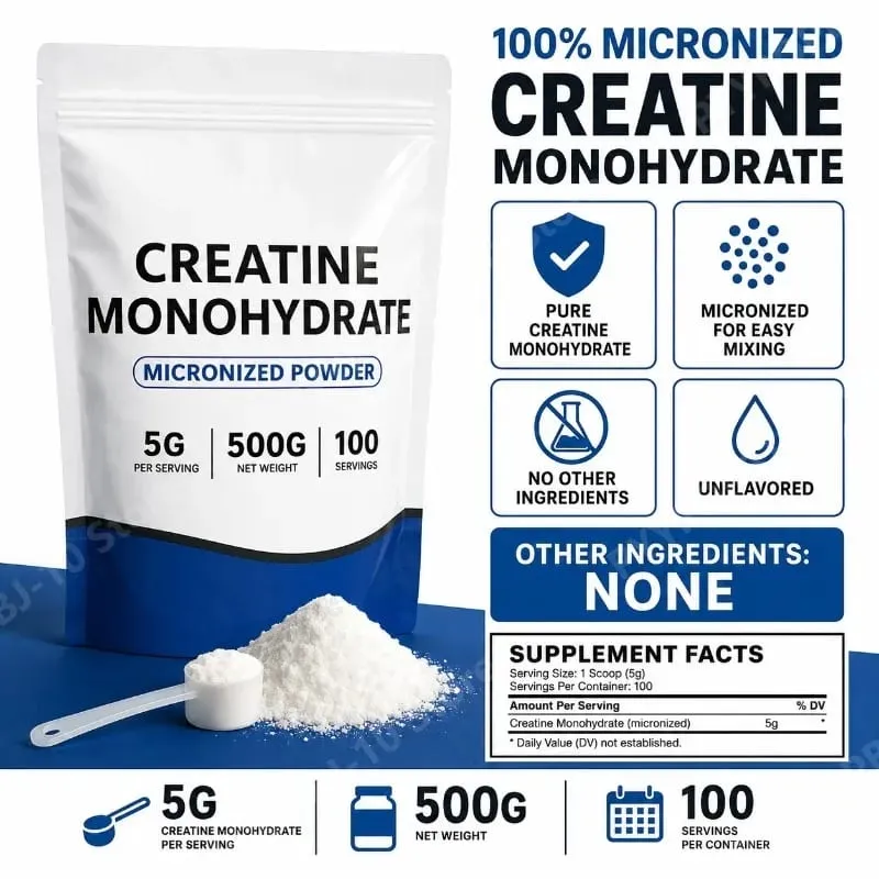 Creatina monohidratada micronizada em pó sem sabor 5g 500g 100 porções testada por terceiros suporte de recuperação de desempenho livre de OGM