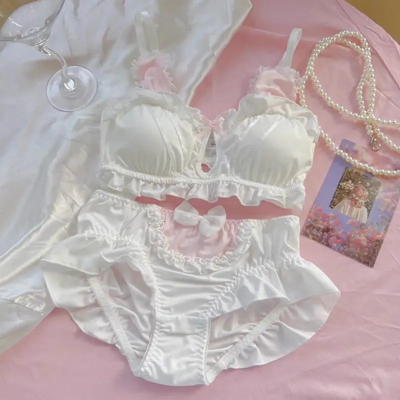 Bonito japonês coelho orelha sutiã calcinha conjunto sem fio fino triângulo sutiã para pequeno peito plano respirável roupa interior diária S-XL