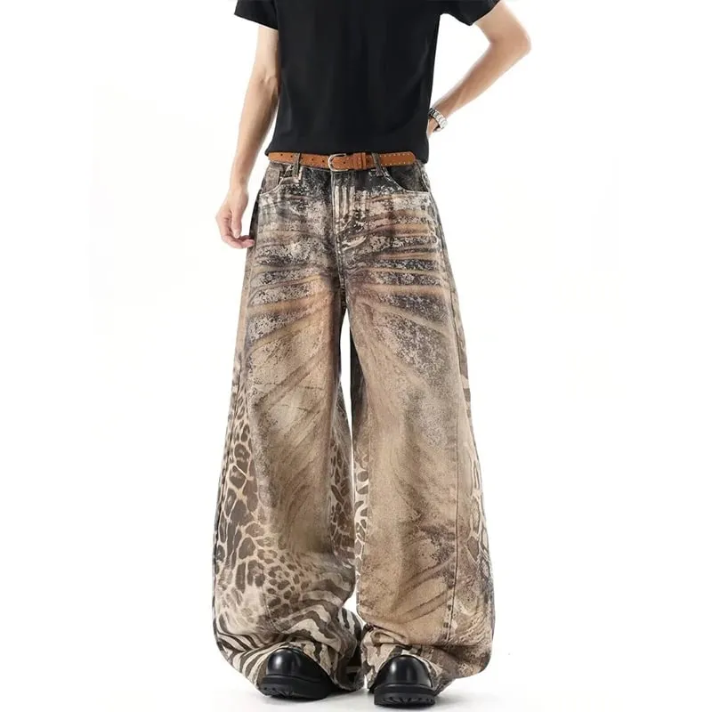 Lavado marrom angustiado leopardo impresso solto jeans masculino streetwear casual perna larga denim calças compridas verão novo