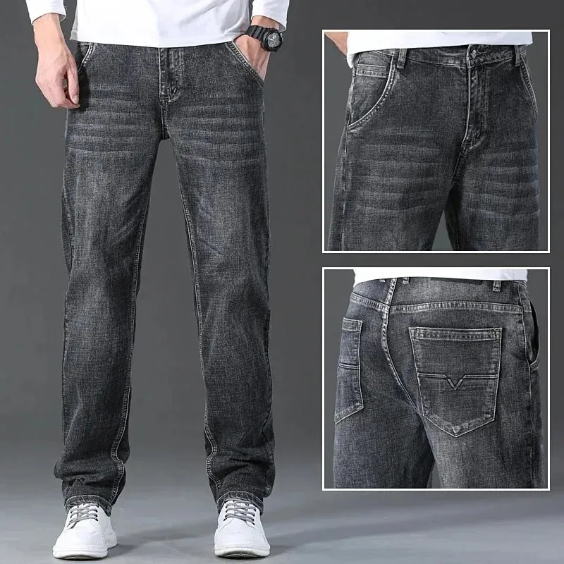 2026 Regular Fit Jeans Classic Style Spring Summer New Men's Light Blue Stretch Denim Fabric Pants Male Brand