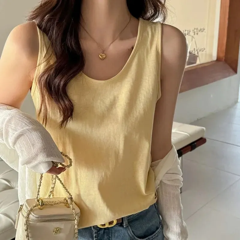 2026 novas mulheres verão casual regata cor sólida all-match básico sem mangas colete feminino coreano simples solto o-pescoço camis topo