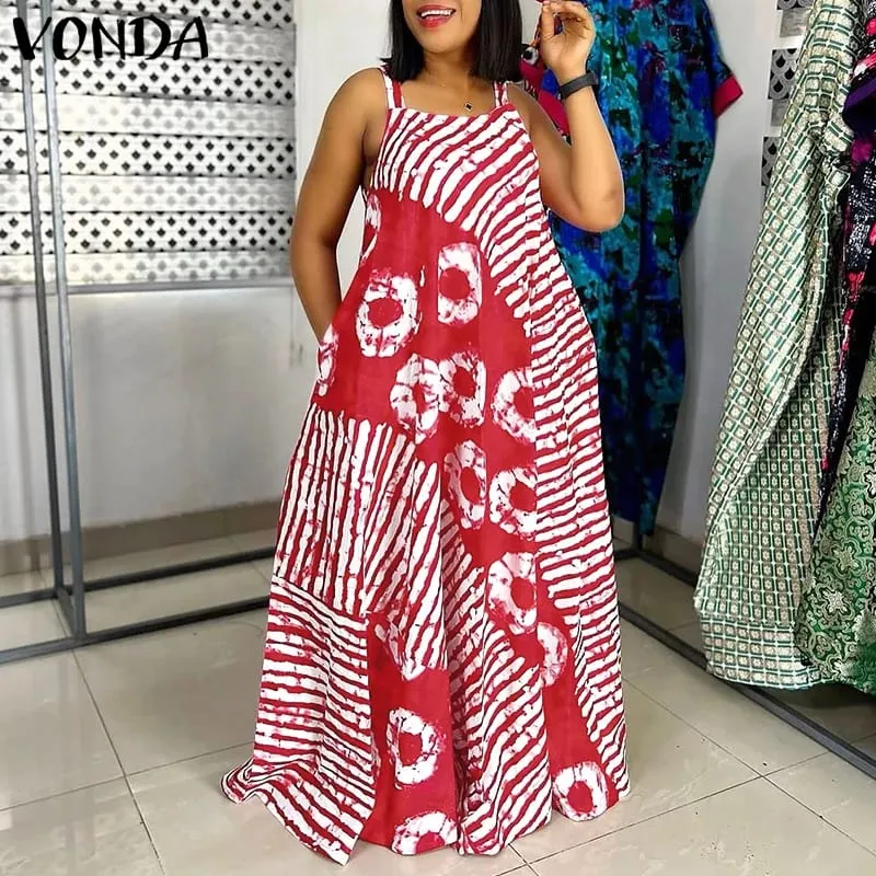 Plus Size 5XL Summer Bohemian Printed Maxi Dresses Sleeveless Party Beach Sundress Tank Long Vestido Casual Holiday Robe