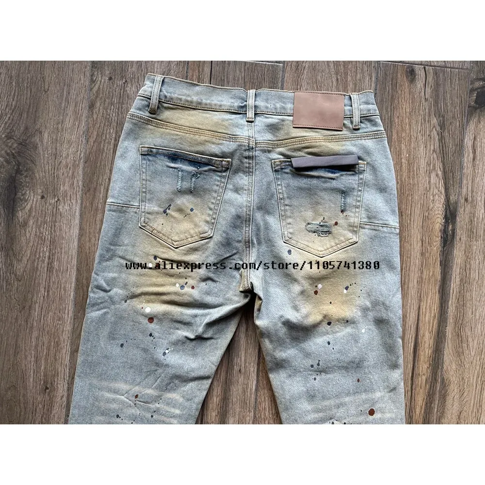 Calça jeans masculina alta rua desgastada, lavada, azul claro, graffiti, buracos danificados, stretch, botão magro, rasgado