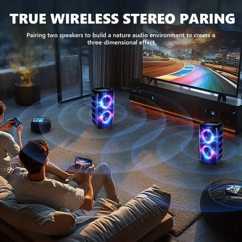Alto-falante Bluetooth profissional grande de 9900 Hz com microfone Design portátil com subwoofer Party Box Luzes LED Compatível com BT / USB / TF / AUX / FM / TWS / MIC / EQ Funções Karaokê profissional. Presente ideal para aniversários, Natal e Ano Novo