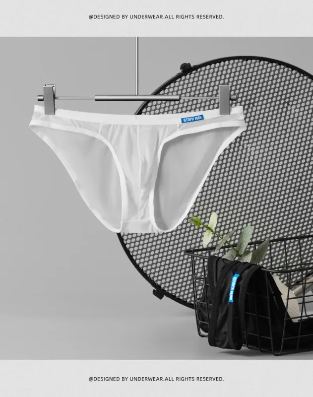 Cueca masculina sexy fina de seda gelo translúcida cuecas u bolsa ropa interior hombre calcinha masculina