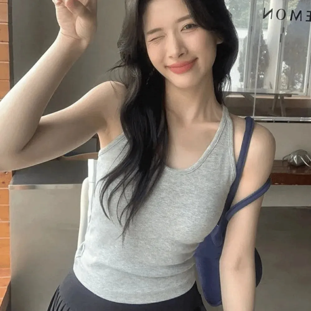 Estilo coreano com almofada no peito cinta colete u-pescoço cor sólida sem costas sem mangas superior emagrecimento feminino camis verão