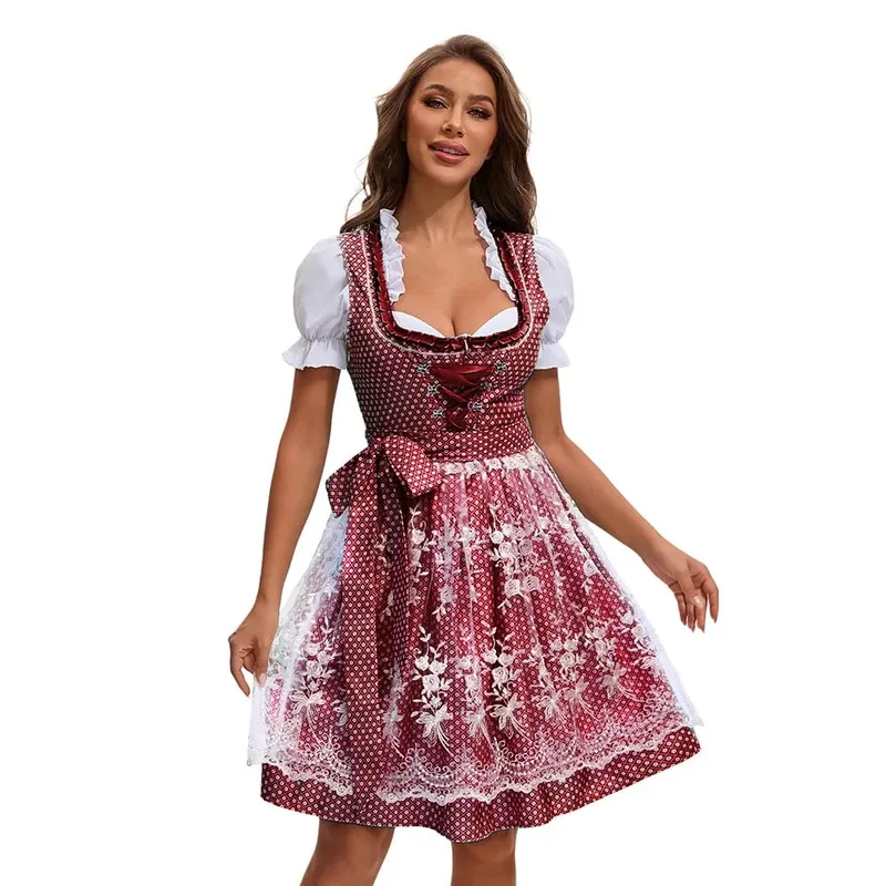 Vestido multicolorido da Oktoberfest de Munique para mulheres, saia de cerveja com estampa étnica tradicional da Baviera com top e avental, fantasia de empregada, 2025