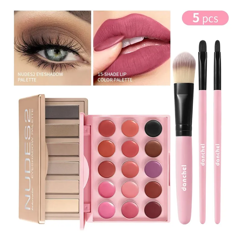 5 pçs iniciante rosto cheio tudo em um conjunto de maquiagem paleta batom sombra paleta 3 pçs pincéis de maquiagem rosto kit cosmético