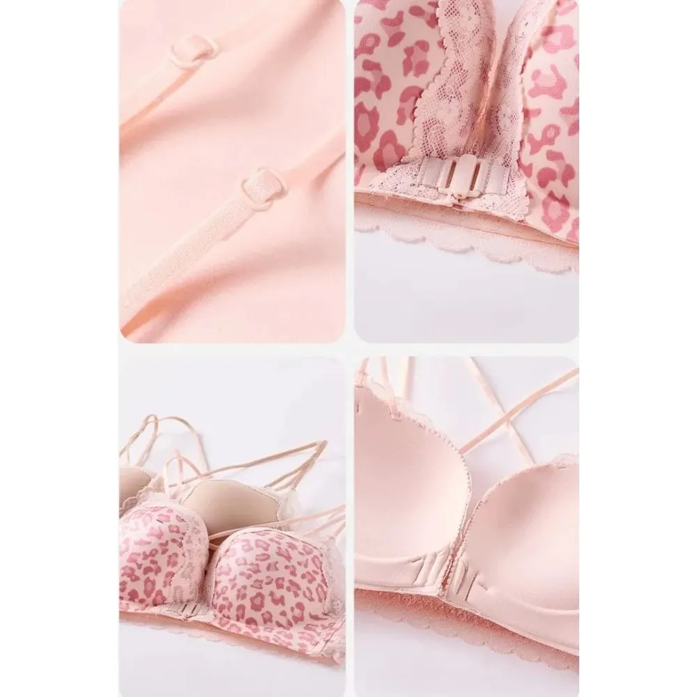 Feminino leopardo fechamento frontal push up sutiã pequeno busto anti derramamento suporte lateral sexy sutiã traseiro tamanho 32-38abc roupa diária lingerie