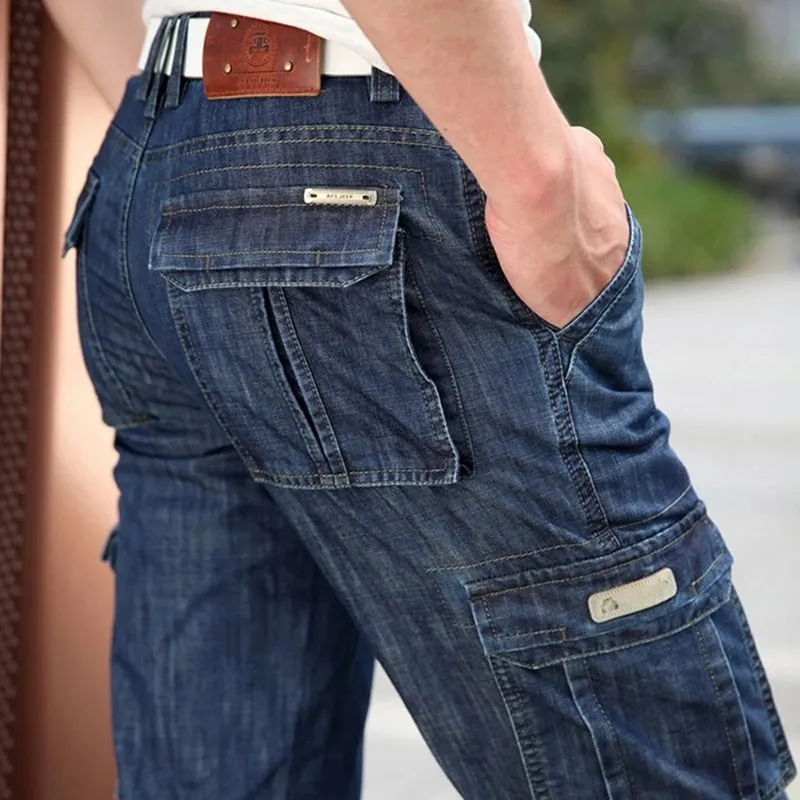 Calças de brim masculinas de alta qualidade multi bolso denim calças de carga calças casuais de grandes dimensões roupas masculinas calças soltas 29-44