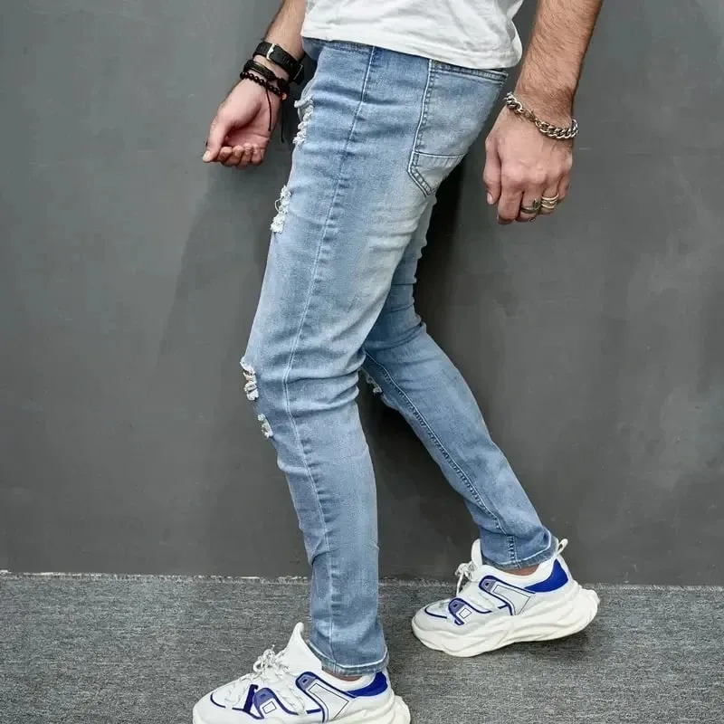 2024 New Style Men's Personalized Ripped Solid Color Skinny Jeans Stretch Little Foot Streetwear Motorcycle Denim Trousers Male — image 3