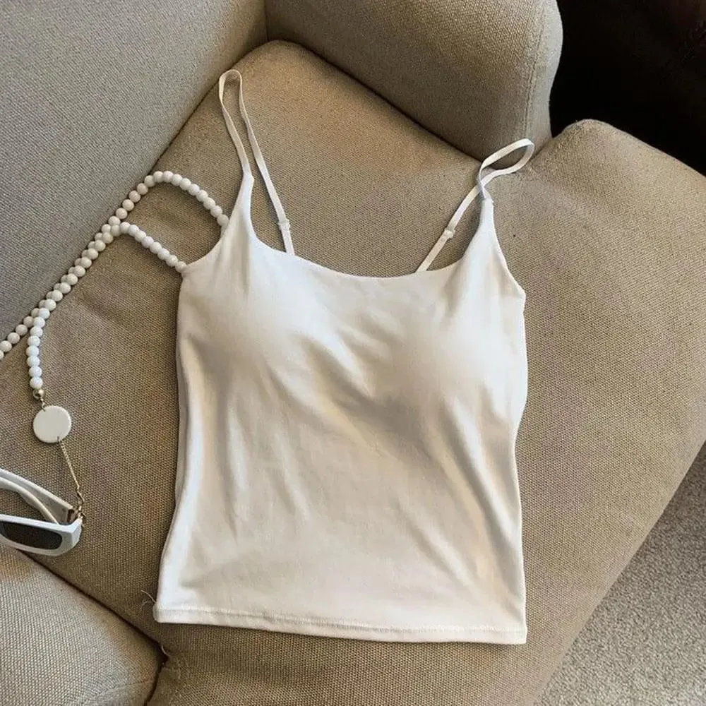 Básico sólido camis casual sem mangas cinta de espaguete colheita topo quadrado pescoço regatas com sutiã embutido y2k roupas femininas verão — image 11