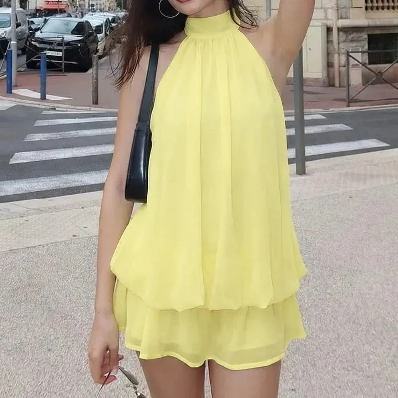 Sexy Women Chiffon Sleeveless Halter Backless Dress Lady Solid Color Tie Waist Slim Flared Dress Summer Beach Vacation Outfit