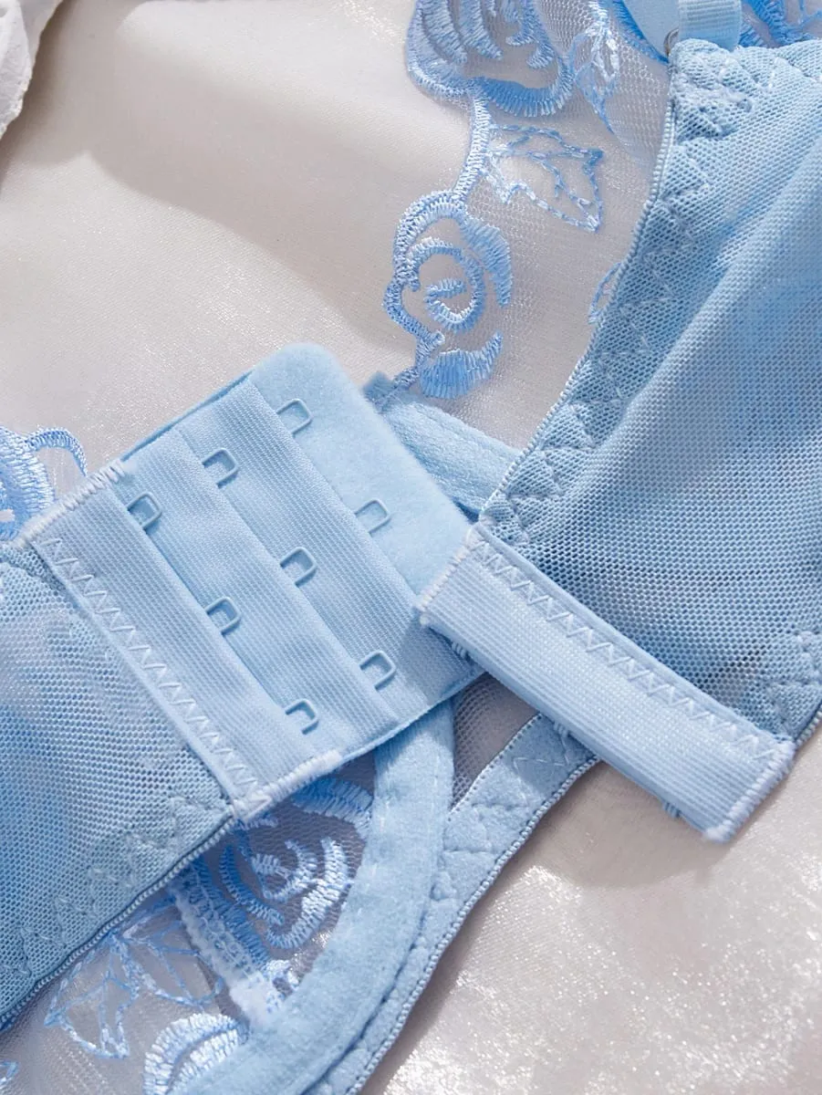 Luz azul floral rosa bordado malha lingerie conjunto underwire sutiã tanga feminino roupa interior exótica sexy íntimos sleepwears