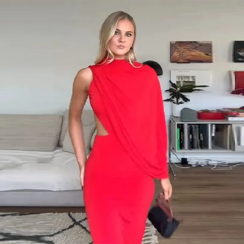 Red Asymmetrical Draped Backless Maxi Dress One Shoulder High Neck Cutout Bodycon Evening Gown For Women Formal Party — image 3