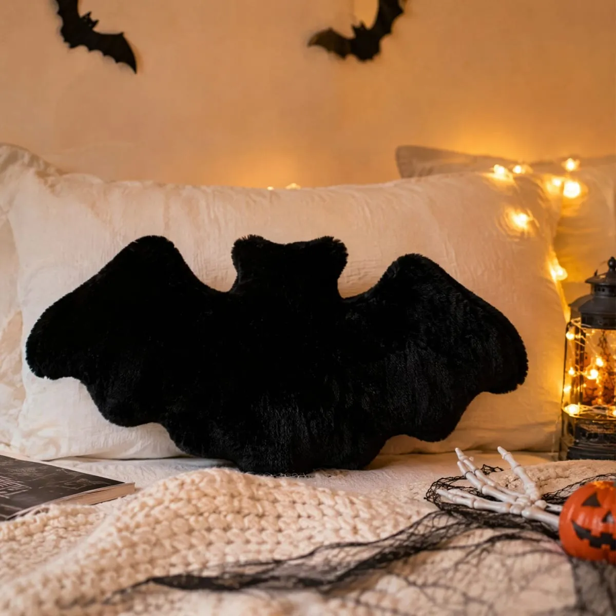 Gothic Throw Pillows 17.72x9.06 Inch Halloween Decorative Pillow Furry Bat Plush Pillows for Halloween Decorative Home Sofa Bed