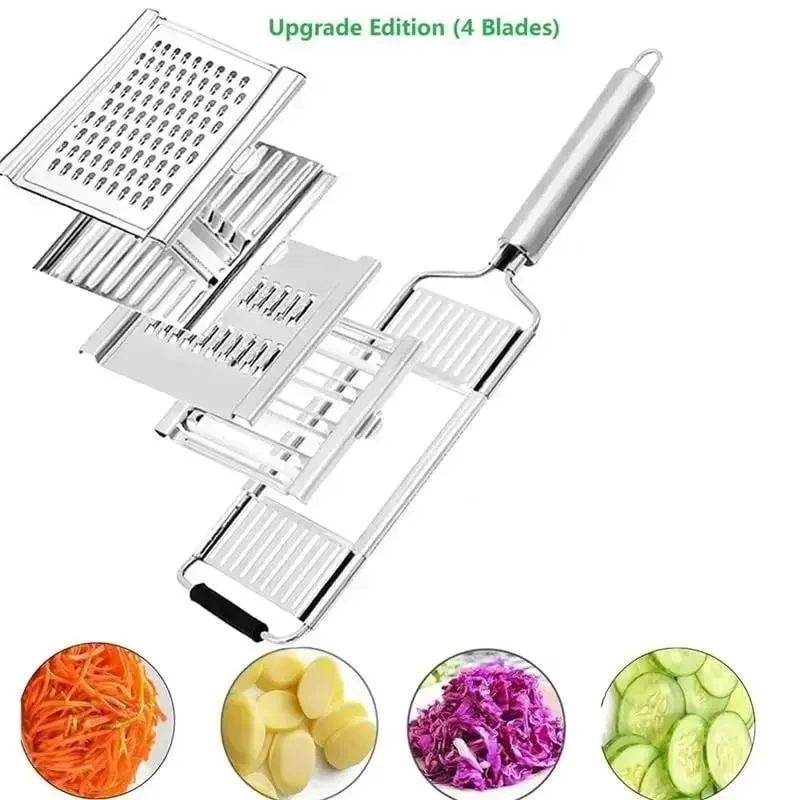 Fatiador de vegetais 4 em 1, triturador de aço inoxidável, multiuso, conjunto de cortes de vegetais, manual, frutas, cenoura, batata, ralador
