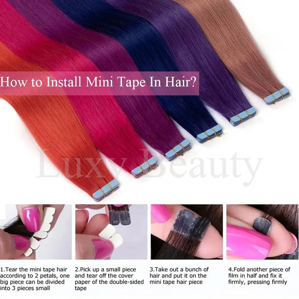 Colored Pink Mini Tape in Human Hair Extensions Invisible Seamless Tape in Hair 10pcs Pink Red Green Purple Blue Mini Tape Hair
