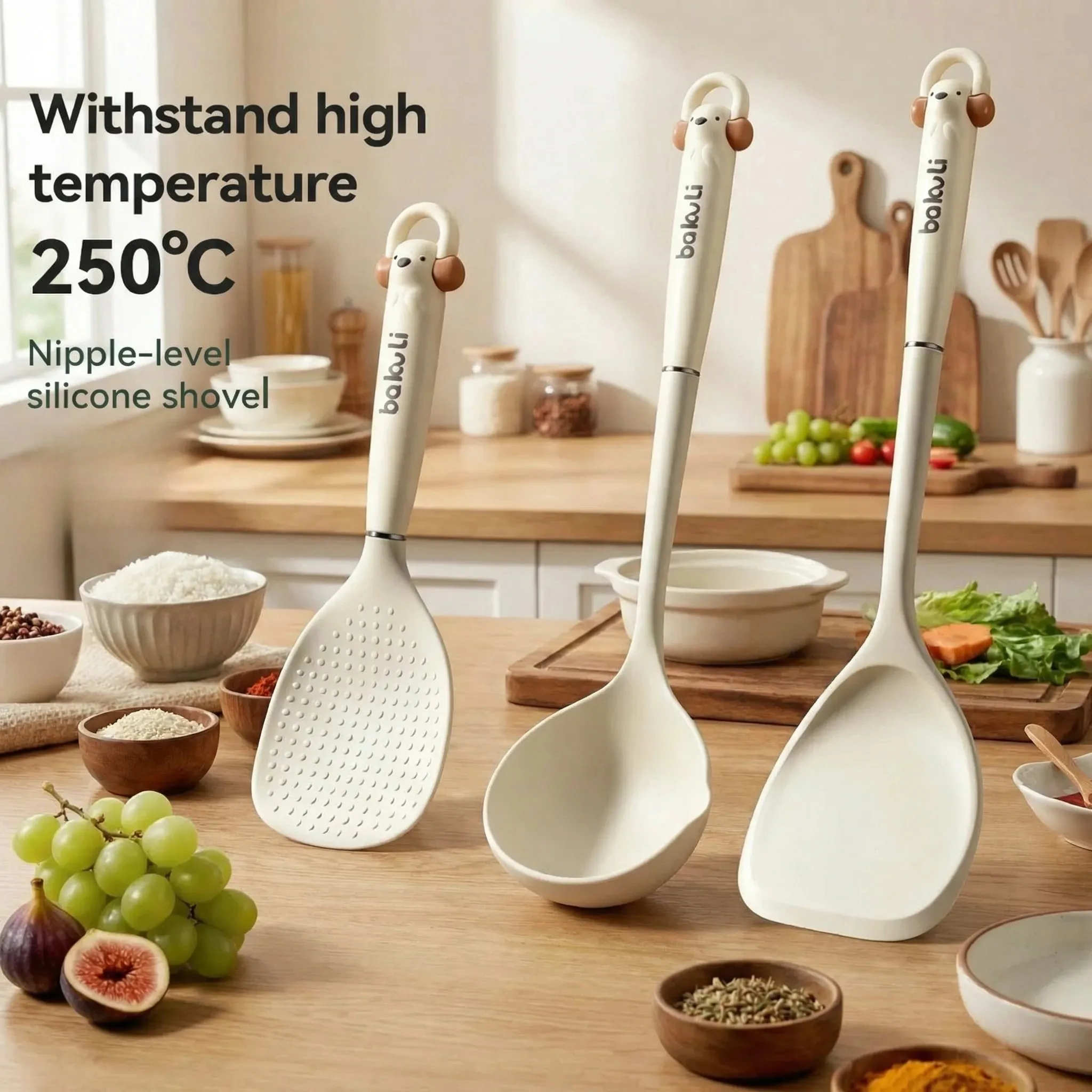 Novo utensílio de cozinha melhorado, conjunto de 3 peças, espátula de silicone, colher de arroz e sopa, resistente ao calor, ferramentas de cozinha antiaderentes