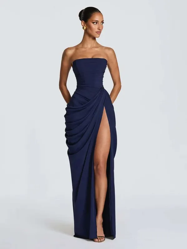 Elegante amarelo sem alças plissado vestido longo feminino chique sólido sem mangas cintura cinching split vestido 2026 senhora festa de noite robes