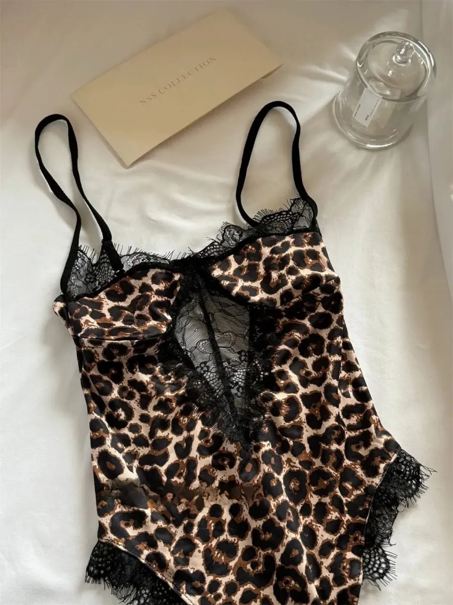 Sexy leopardo impressão halter bodysuit para mulher fina estiramento renda lingerie de uma peça com pescoço pendurado — image 6