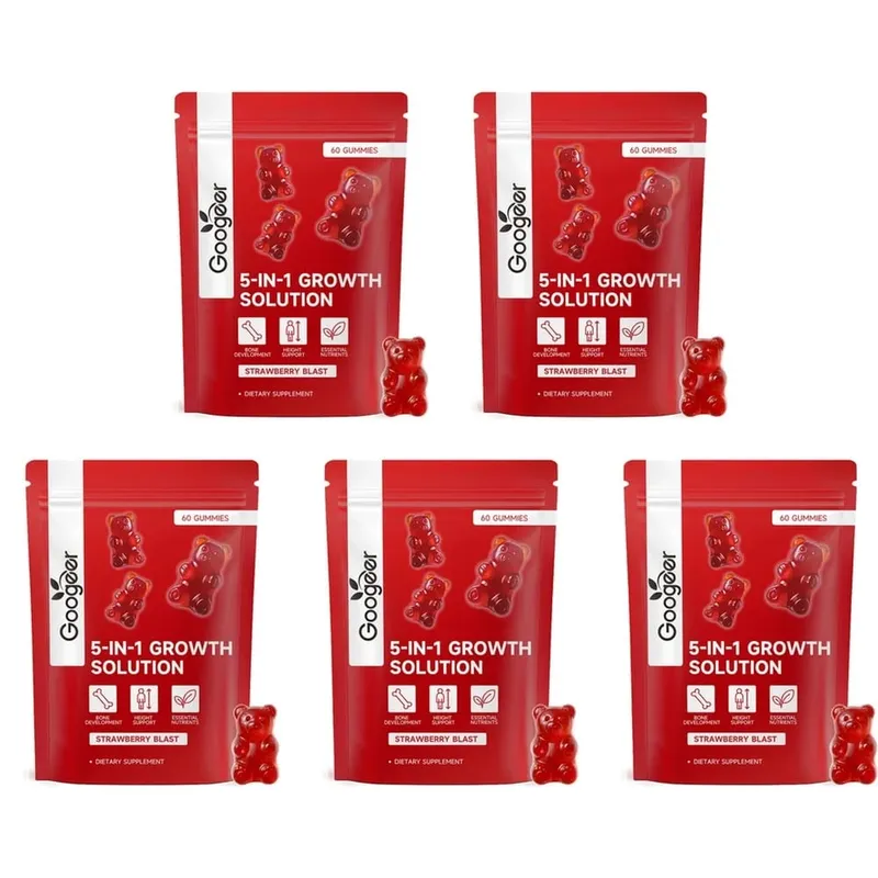Googeer 5 em 1 solução de crescimento gomas para desenvolvimento ósseo e suporte de altura vitamina D3 K2 cálcio morango explosão 60 gomas