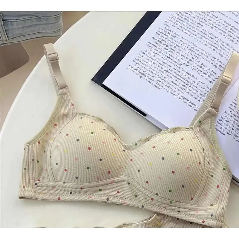 Sutiã sem fio de bolinhas brancas para adolescentes, suporte de retração de busto, conjunto de bralette não acolchoado, peito pequeno, anti flacidez, moyisu