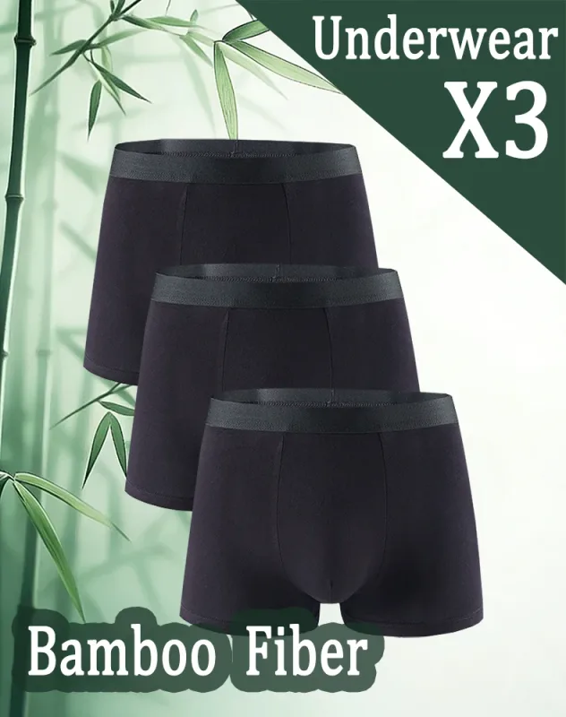 Cuecas boxer masculinas de fibra de bambu preta, 3 peças, finas, de secagem rápida, macias e confortáveis, cuecas boxer casuais diárias