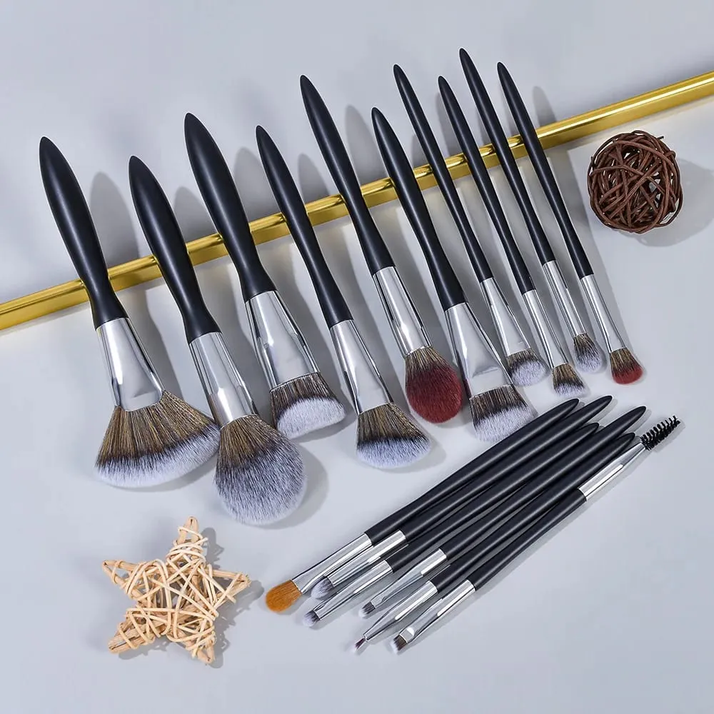 Pincéis de maquiagem pretos, rótulo privado, base em pó, blush, sombra, conjunto de pincéis de cabelo natural, atacado, 5 conjuntos