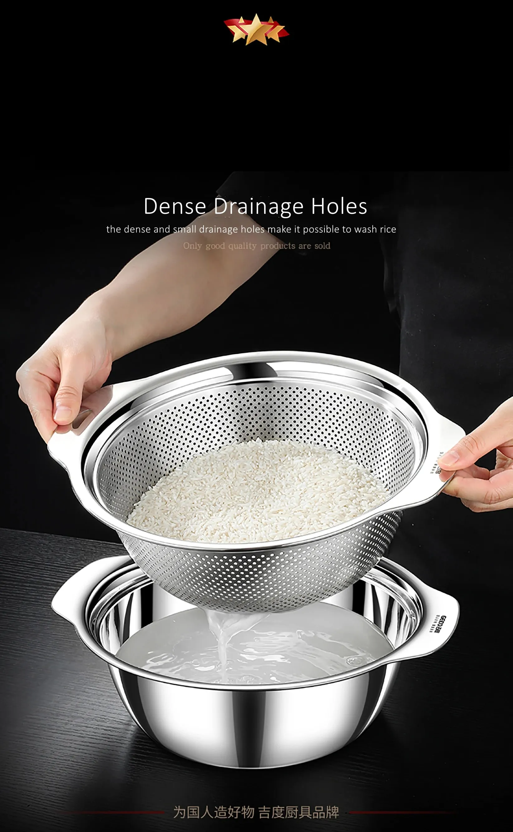 Certificação LFGB 304 Bacia de drenagem de lavagem de cozinha em aço inoxidável 23cm ~ 31cm de diâmetro Coador com furos pequenos densos