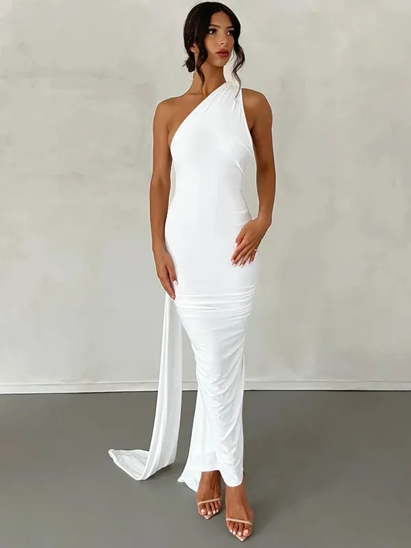 Hugcitar um ombro sem costas ajustável cachecol laço ruched sexy maxi vestido 2025 feminino elegante y2k streetwear festival outfit