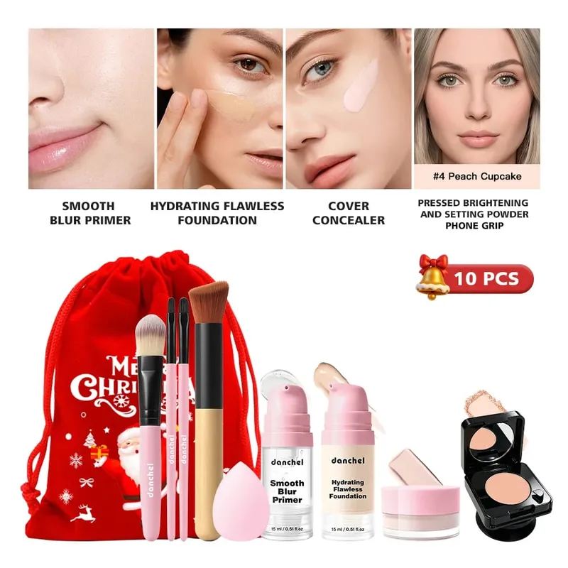 10 pçs conjunto de maquiagem primer fundação corretivo configuração pó pincéis de maquiagem beleza esponja rosto cheio kit cosméticos presente natal