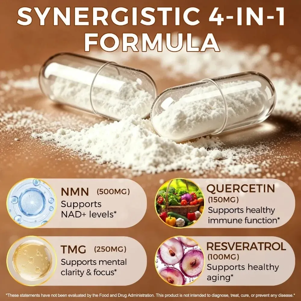 NMN Capsules 1000mg Nicotinamide Mononucleotide NAD+ Cellular Energy TMG Quercetin Resveratrol 120 Vegan Capsules Non-GMO