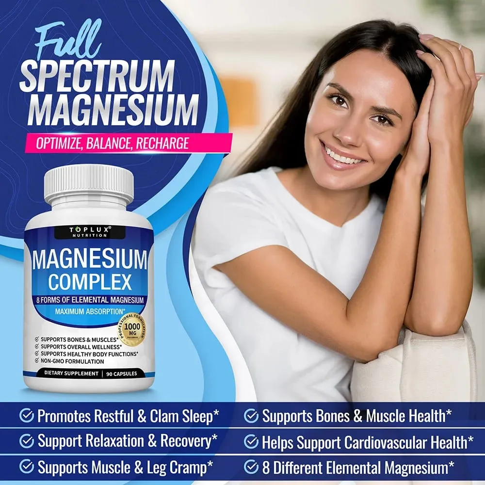 Suplemento de Complexo de Magnésio 1000MG - Citrato e Malato de Glicinato de Magnésio - Suporte ao Sono, Alívio do Estresse, Músculos e Relaxamento