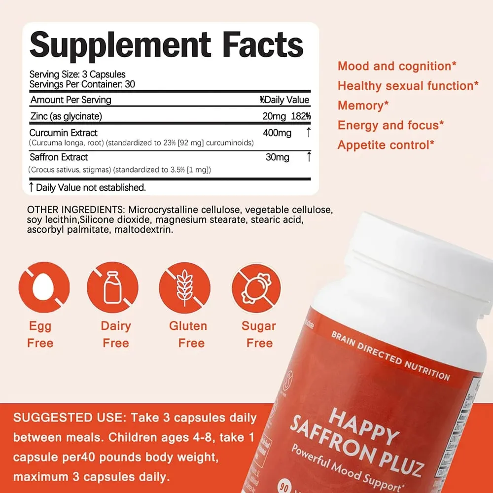 Happy Saffron Supplements 藏紅花萃取物促進情緒和記憶眼睛健康 - 男女關節補充劑 - 90 粒素食膠囊