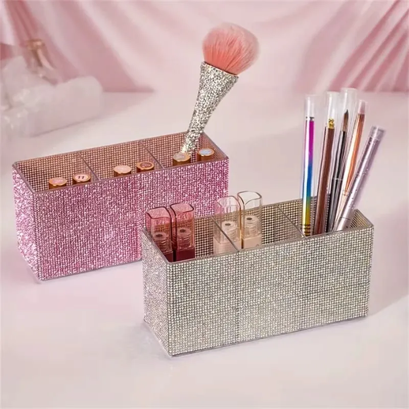 Organizador de pincéis de maquiagem com strass brilhante, com 3 compartimentos, pincéis de maquiagem de grande capacidade, batom, caixa de armazenamento de ferramentas cosméticas