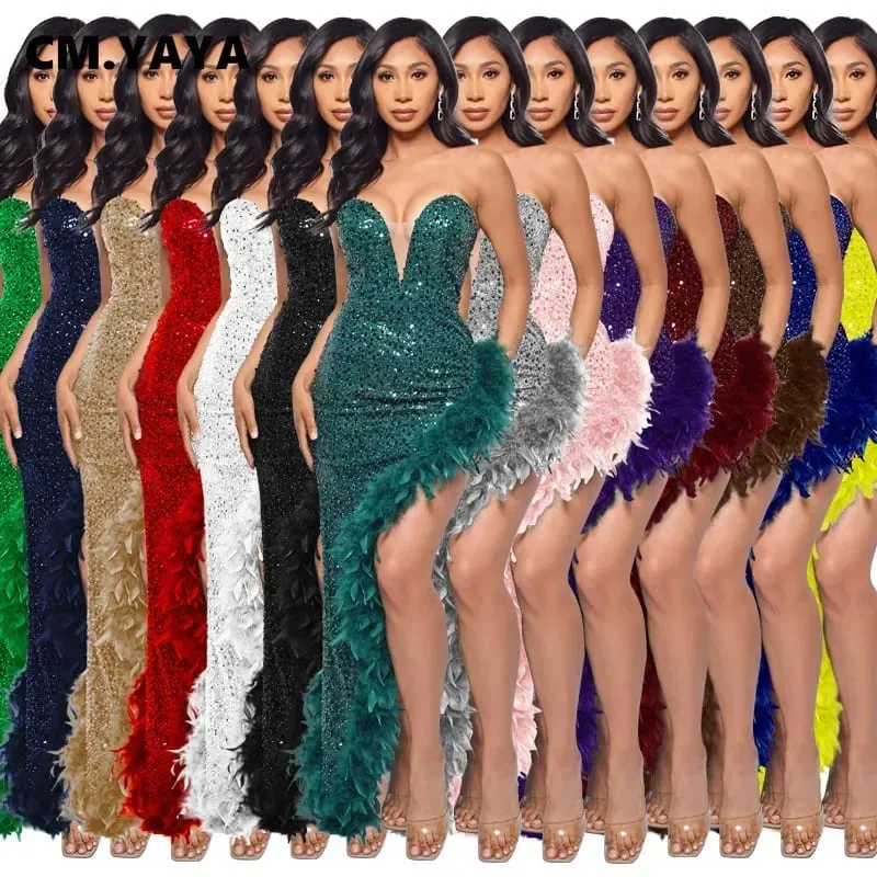 yaya feminino lantejoulas sem alças pena alta lateral divisão sem alças bodycon midi maxi vestido sexy clube até vestidos de festa