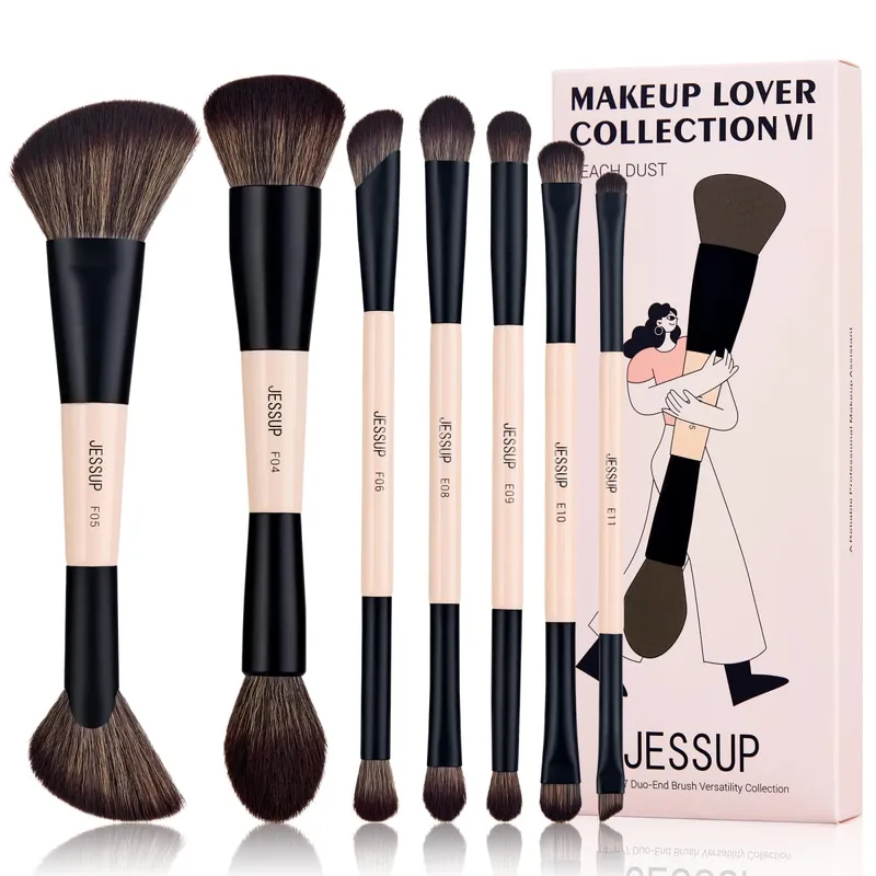 Jessup pincéis de maquiagem conjunto 3/5/7 pçs dupla face escova de maquiagem fundação sombra em pó mistura crueldade-livre pêssego poeira t600